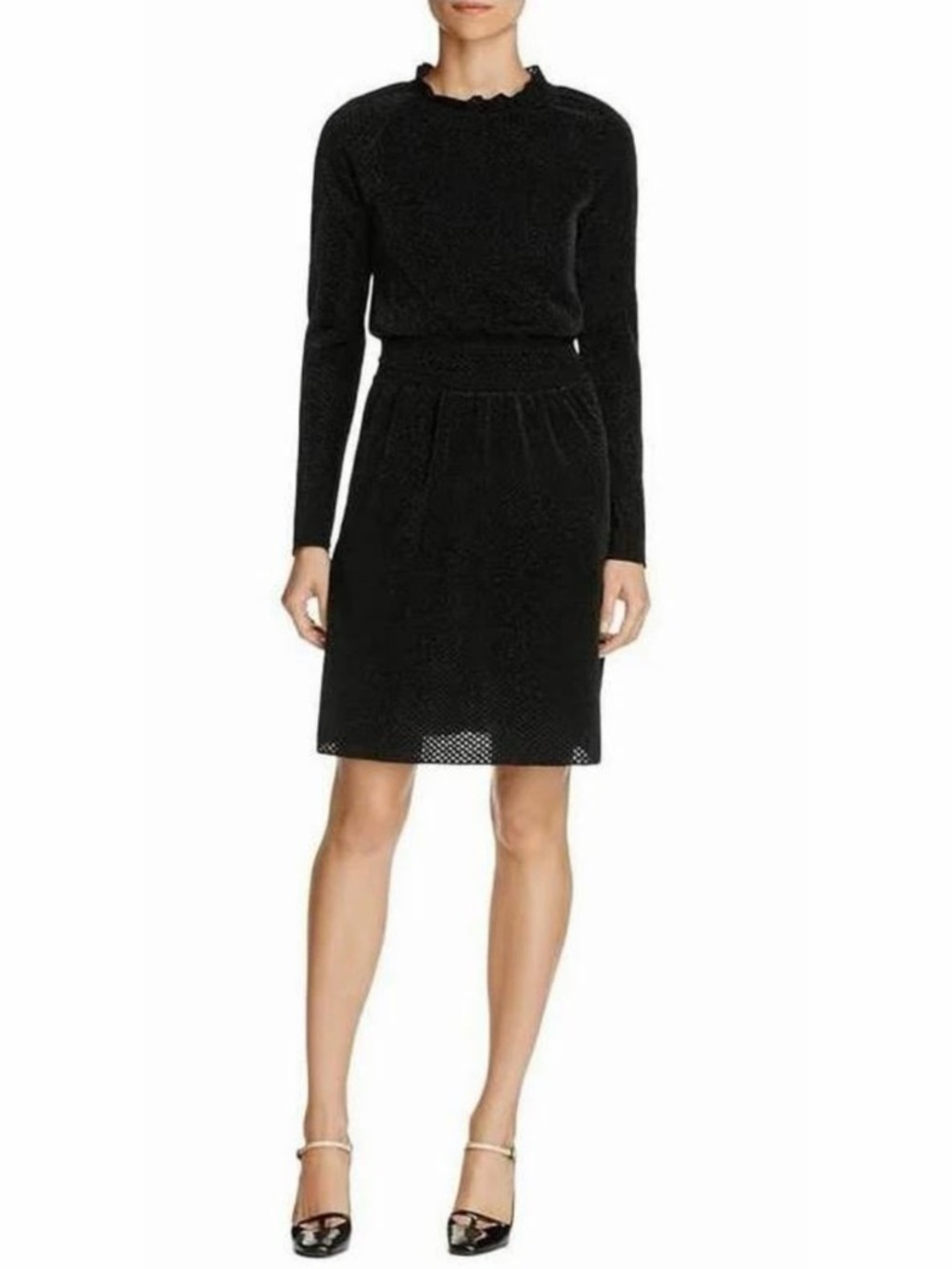 Tory Burch Isabelle Blouson Ruffle Neck Black Metallic Knit Wool Dress